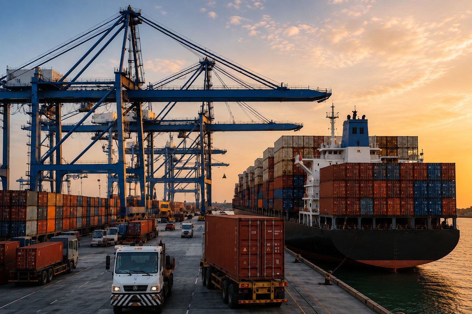 Container ship Abidjan Express docked at the Port of Abidjan under gantry cranes at sunset