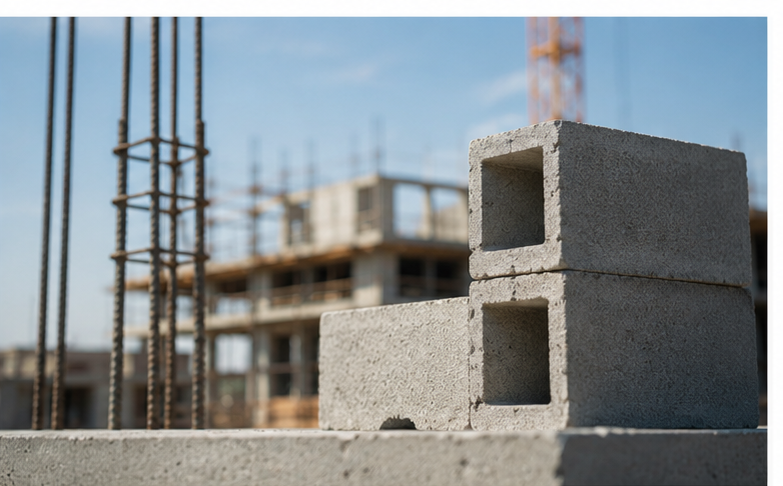 Concrete blocks and rebar at a building construction site