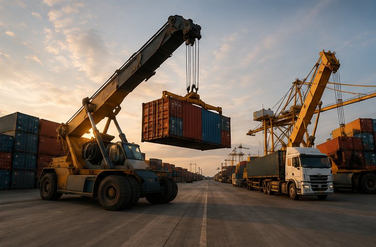 Reach stacker moving a shipping container at the port