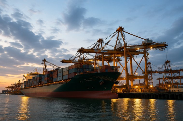 Container ship at berth under gantry cranes at dusk