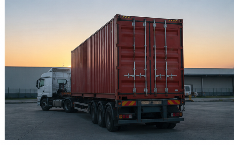 Freight truck with a shipping container trailer at dusk